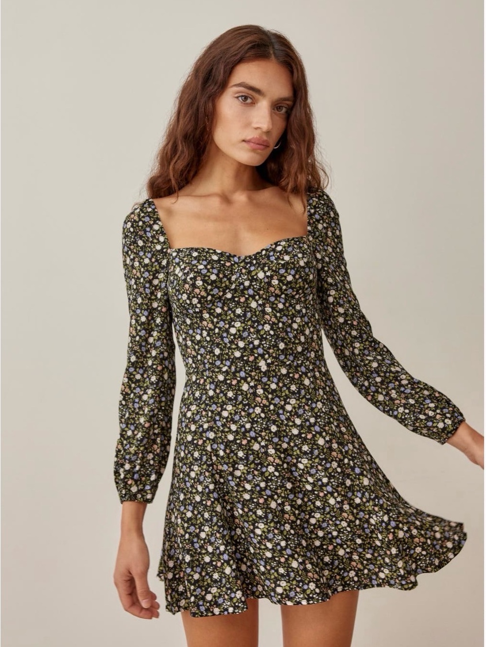 Reformation Black Floral Square-Neck Mini Dress